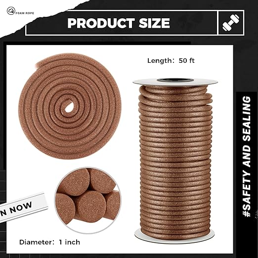 1 Inch x 50 ft Foam Backer Rod for Gaps Joints Concrete Crack Filler Caulk Saver Bulk Foam Backing Rod Concrete Filler Rope for Weather Stripping Door Seal (Brown)