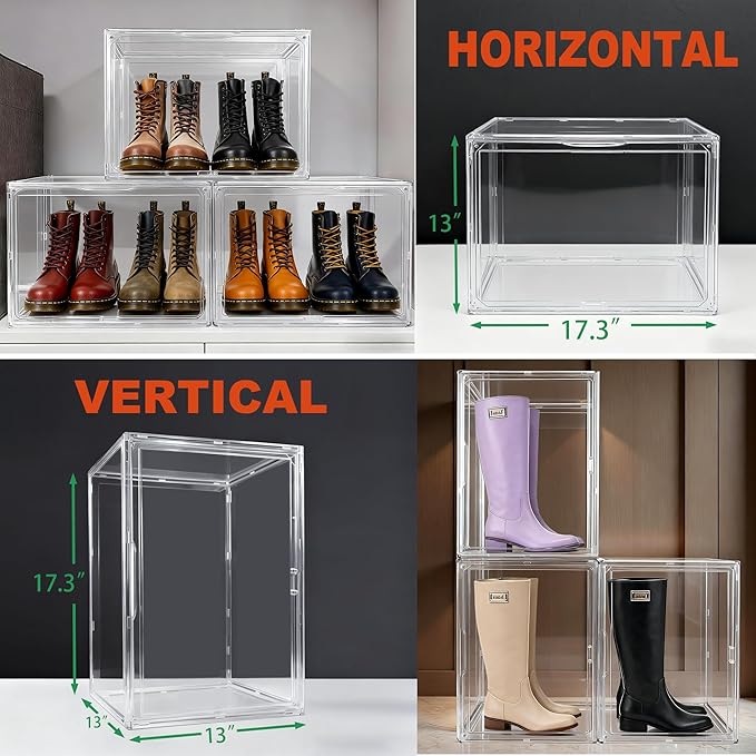 3 Pack XXX-Large Tall Boot Storage Organizer 17.3x13x13, Acrylic Display Case Shoe Boxes Extra Large Helmet Showcase Clear Stackable Hangbag Tote Bag with Magnetic Lid, 3 Pack Boxes with 2 Shoe Bags