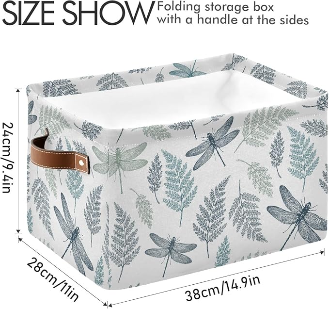 susiyo Large Foldable Storage Bin Fern Botanical Dragonfly Fabric Storage Baskets Collapsible Decorative Baskets Organizing Basket Bin with PU Handles for Shelves Home Closet Bedroom Living Room-2Pack