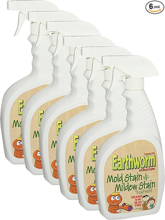 Earthworm Mold Stain and Mildew Stain Remover Spray Treatment - Natural Enzymes, Safer for Family, Environmentally Responsible - 22 oz (Pack of 6)