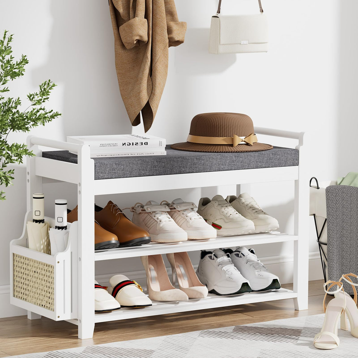 Homaxy 2-Tier Shoe Rack Bench, 28.2 in, White and Dark Grey - Image 1