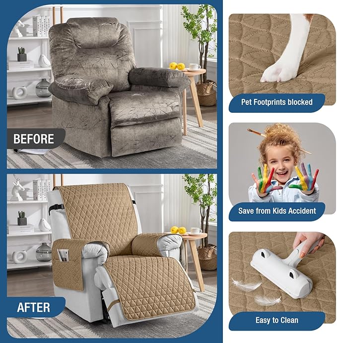 TAOCOCO 100% Waterproof Recliner Cover - Recliner Cover with Non-Slip Granule, Recliner Chair Covers with Elastic Band, Recliner Chair Covers for Reclining Chair(Camel, Large-28'')