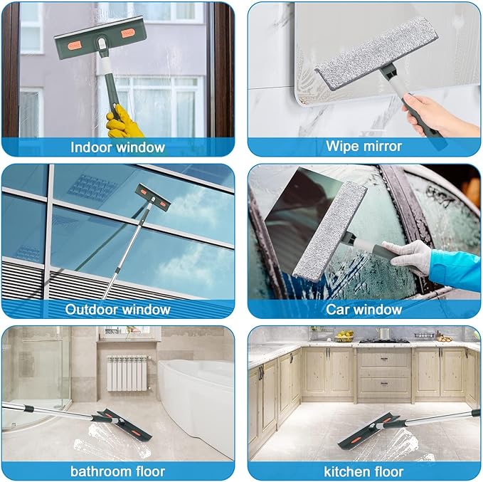 Window Squeegee with Scrubber, with Extendable 4 Section Stainless Steel Pole and 4 Microfiber Pads, for Glass, Shower, Floor, Outdoor High Window Cleaning Etc.