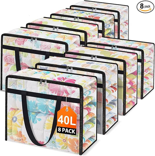 Clear Under Bed Storage Containers - 8 Pack Large Capacity Clothes Storage Bags with Lid & Sturdy Handles, Foldable Moving Bags, Clothing Organizer Totes for Bedding, Comforter, Sheet（40 L）