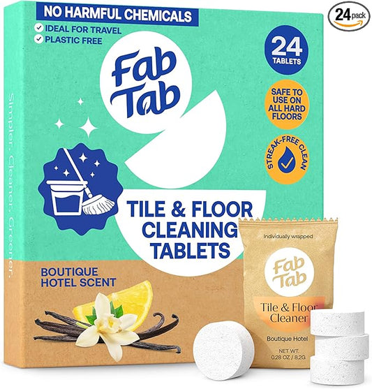 Fab Tab Hard Floor Cleaner Tablets - Pre-Measured Dissolvable Tablets for Hardwood, Tile and Vinyl Floors. Enzyme-Based Formula, Boutique Hotel Scent, Streak-Free Results