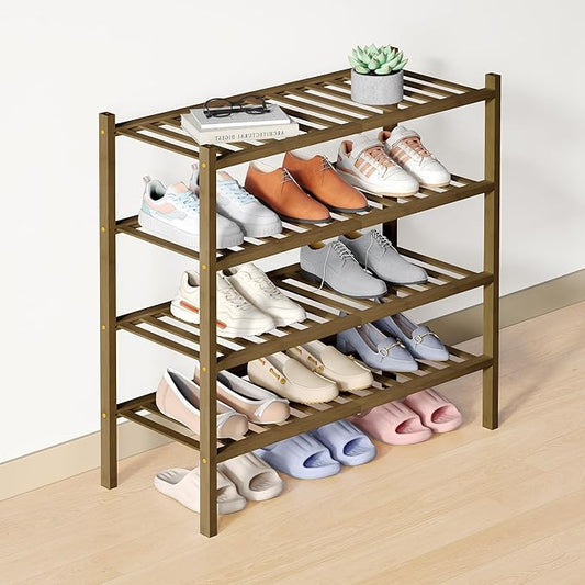 Smiry Bamboo Shoe Rack for Closet, 4 Tier Wooden Stackable Shoe Organizer, Free Standing Shoes Storage Shelf for Entryway, Front Door Entrance, Walnut