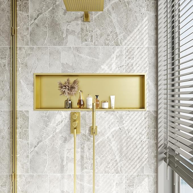 Neodrain Gold Shower Niche 36"x12", Stainless Steel NO Tile Needed Recessed Wall Niche for Bathroom Storage