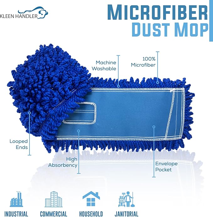 Kleen Handler 24 inch Microfiber Dust Mop | Medium Washable Commercial Mop Head Replacement, Pack of 12