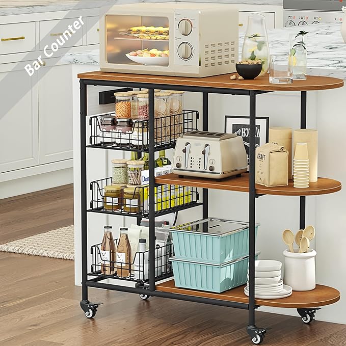 LINZINAR Kitchen Bakers Rack with Power Outlet Coffee Bar Table 3 Tiers Microwave Oven Stand with Wheels Pull-Out Wire Basket Kitchen Storage Shelf Rack for Spices Pots and Pans (Redbrown, 3Tier)