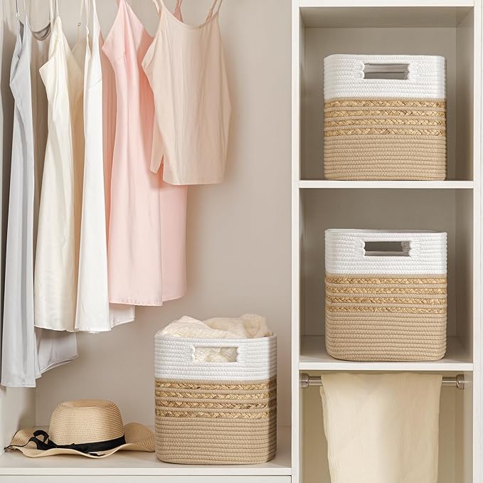 UBBCARE Set of 4 Storage Cubes 13 X 13 X 13 in, Water Hyacinth Storage Bins for Shelves, Toys, Book, Storage Baskets with Handles, Cotton Rope Woven Baskets for Organizing, Brown
