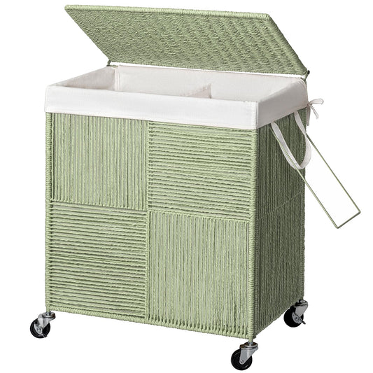 WOWLIVE Double Laundry Hamper with Wheels, Handwoven - Image 1