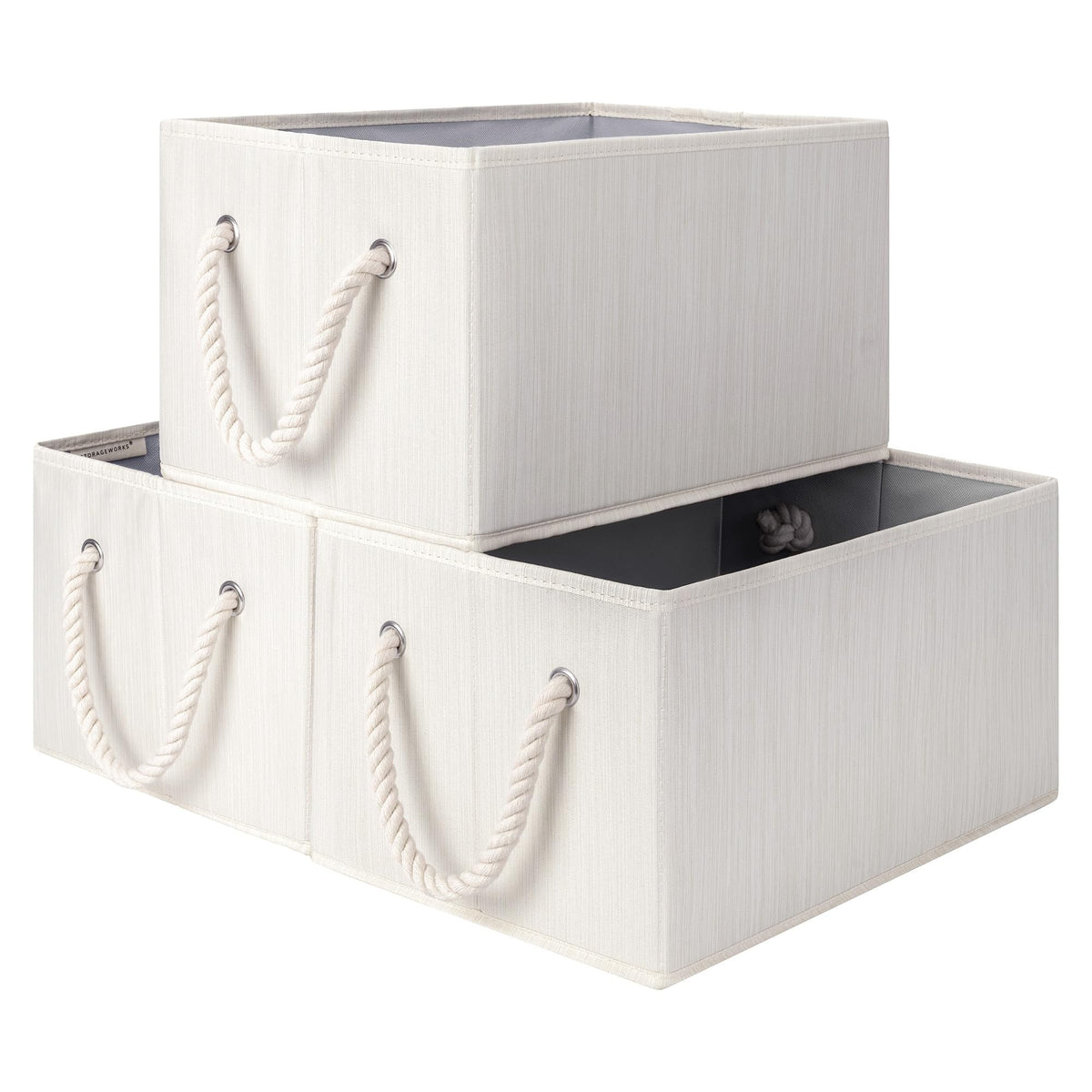 StorageWorks Fabric Storage Bins with Rope Handles, Ivory White - Image 1
