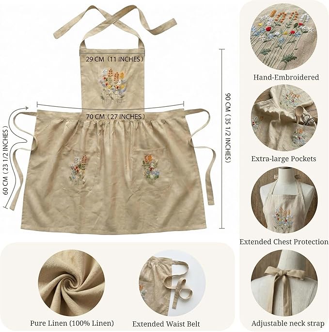 Linen Apron with Hand Embroidered Floral Design, Natural Fabric Apron for Kitchen, Linen Apron with Pockets, Cooking, Baking, Gardening, Florist, Elegant Gift for Women, Chefs, Artists
