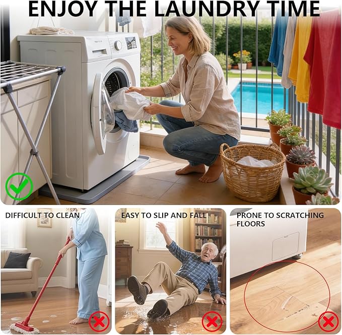27×27×0.79inch Washing Machine Pan, With Raised Edge Washer Drip Tray, Drain Pan Silicone Mat, Foldable Portable Anti-Vibration Non-Slip Waterproof Pad, Smooth Surface (Grey)