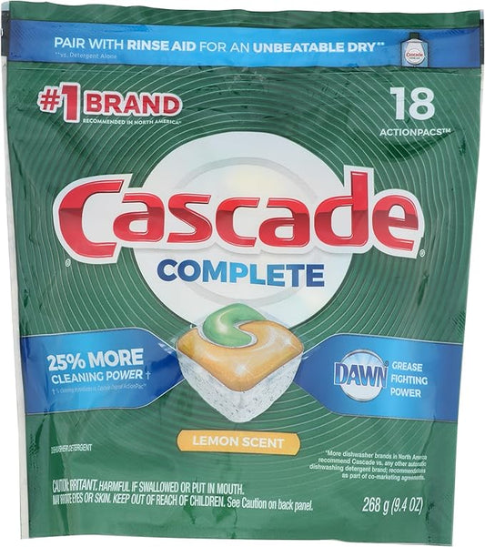 Cascade Complete Dishwasher Pods, ActionPacs Dishwasher Detergent Tabs, Lemon Scent, 18 Count