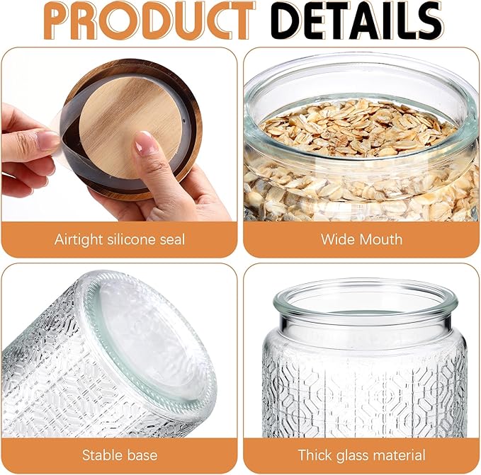 Domensi 6 Pcs Vintage Glass Jars 34 oz Glass Storage Jars with Lids Window Pattern Airtight Storage Containers for Kitchen Counter, Pantry, Coffee Bean, Grains, Tea, Sugar, Flour, Candy, Oats