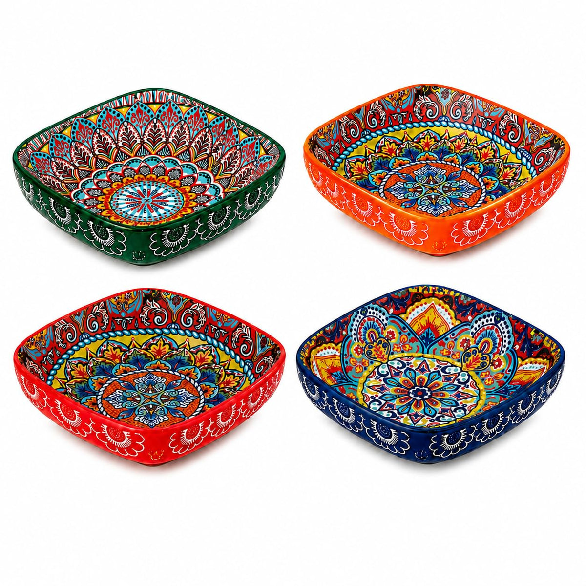 Bohemian Ceramic Bowl Set of 4, 12 oz Square Bowls - Image 1