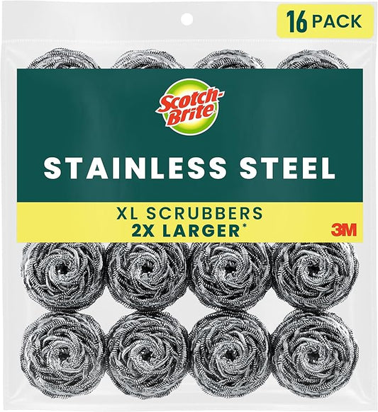 Scotch-Brite Stainless Steel Scrubbers, Scouring Pads for Cleaning Tough Baked-On Messes, Metal Scrubbers for Cleaning Dishes, 16 Scrub Pads