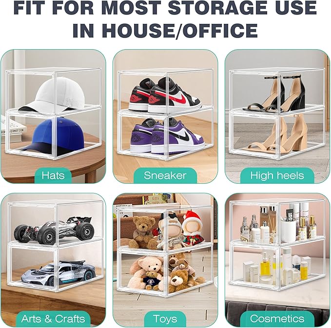 1 Pack Drop-Front Clear Shoe Storage Box Acrylic Box Shoe Organizer Size 12, Stackable Shoe Cases with Magnetic Door Storage Cubbies for Sneaker Containers Boot Display & Closet Organization