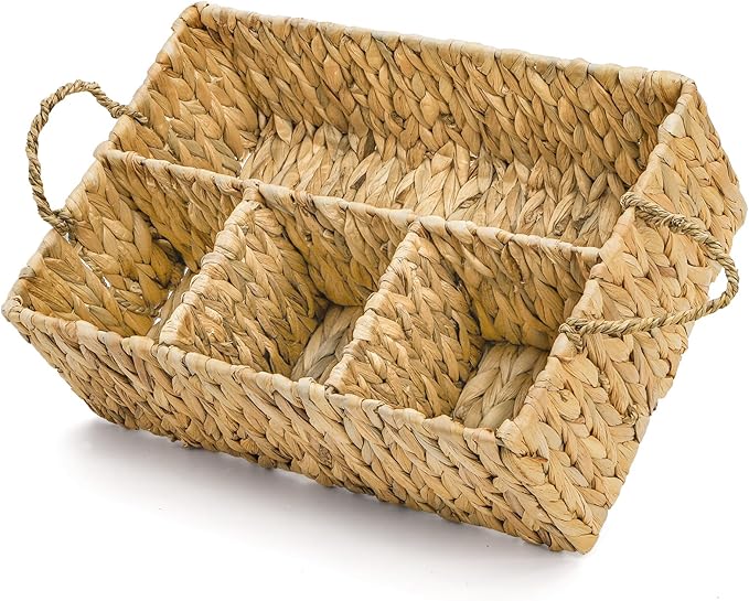 Water Hyacinth Storage Basket, 4 Section Natural Wicker Storage Bin, Woven Storage Organizer with Handle, Large Divided Basket for Shelves Countertop Bathroom Pantry, 16" L x 10.5" W x 5.5" H