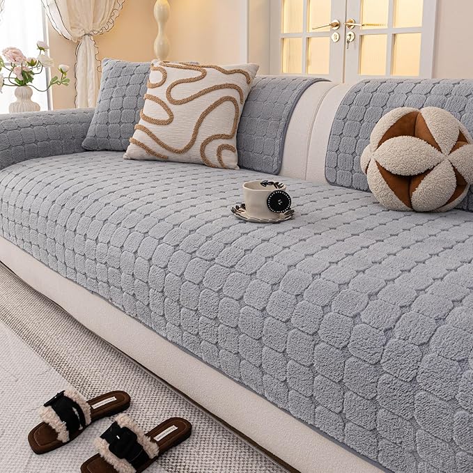 Velvet Sofa Covers Washable, Plush Warm Couch Cover for Loveseat, Funny Fuzzy Couch Covers for Pets&Kids, Non-Slip Sectional Sofa Cover(1PC, Light Grey, 35.4"×63", Loveseat)