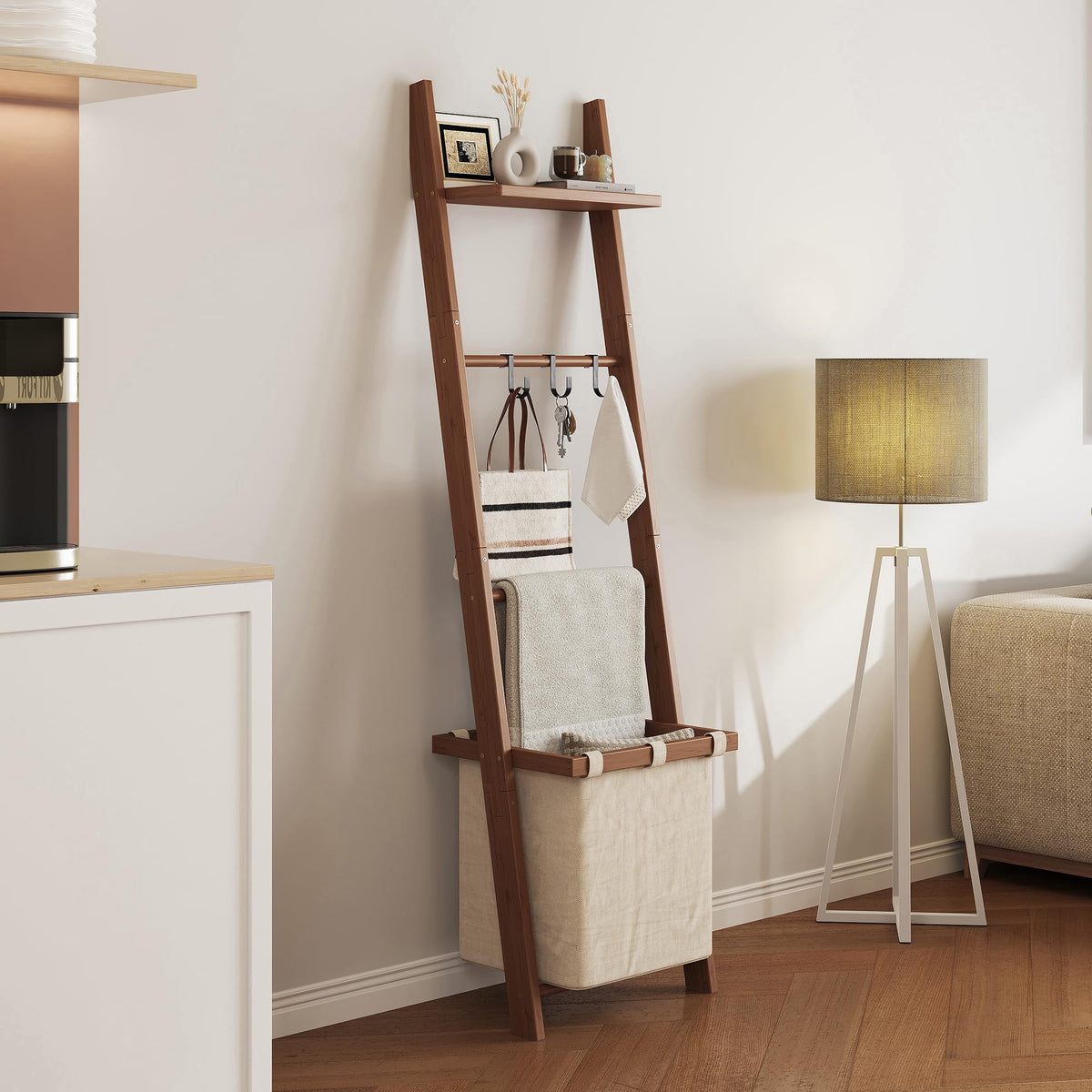 63" Bamboo Blanket Ladder with Shelf, Fabric Storage - Image 1