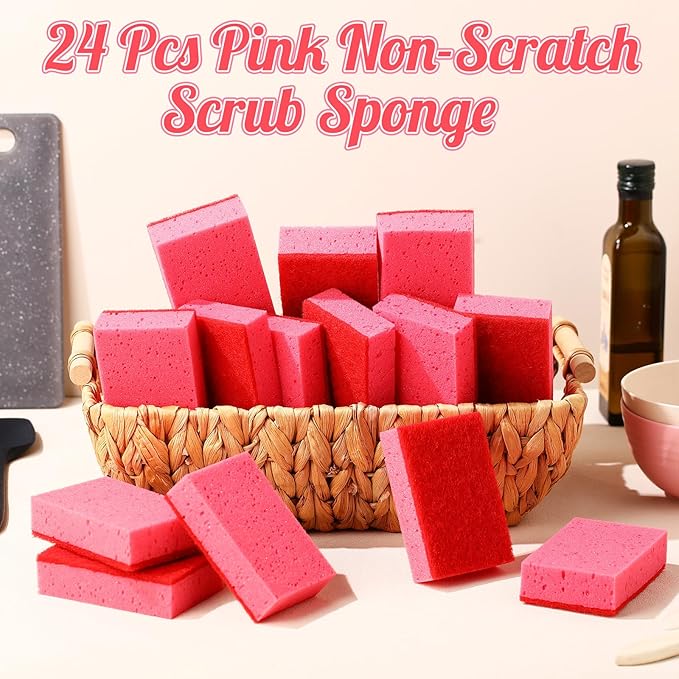 Tioncy 24 Pcs Pink Kitchen Sponge Non-Scratch Scrub Washing Dishes Sponge Bulk Multi Use Dual Sided Scrub for Kitchen Bathroom, Household Cleaning
