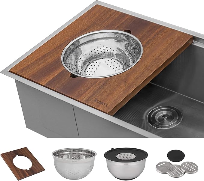 Ruvati 33-inch Two-Tiered Ledge Workstation Kitchen Sink - Drop-in Topmount Kitchen Sink - 16 Gauge Stainless Steel Kitchen Sink with Brushed Finish hides scratches - RVH8424