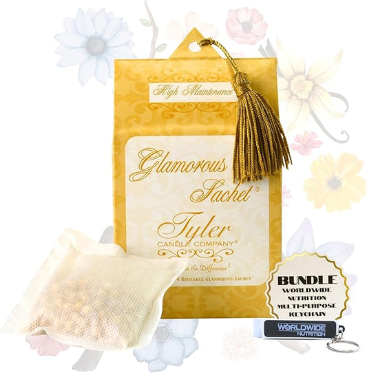 Worldwide Nutrition Bundle: Tyler High Maintenance Scent Dryer Sheet Sachets - Glamorous Reusable Dryer Sheets - 1 Pack, 4 Dryer Home Sachets and Multi-Purpose Key Chain