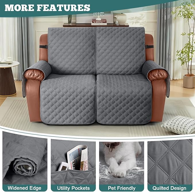 Ruaozz Waterproof Recliner Sofa Covers, 1-Piece Couch Covers for Reclining Couches Reclining Couch Cover Washable Furniture Protector with Elastic Straps Pocket for Kids Pets (Dark Grey, 2 Seater)