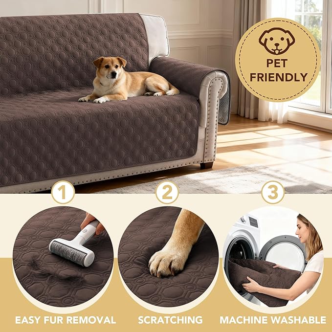 H.VERSAILTEX 100% Waterproof Couch Cover for Dogs Washable Thick Soft Love Seat Couch Covers with Storage Pocket Non Slip Furniture Protector with Elastic Straps(Loveseat, Brown)