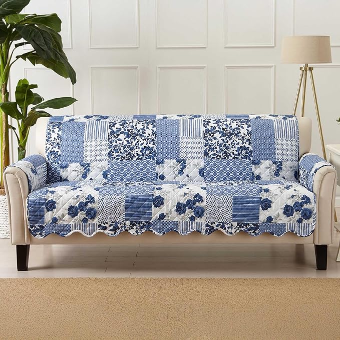 Great Bay Home Reversible Patchwork Sofa Cover - Washable Slipcover Furniture Protector with Elastic Straps - Couch Cover for Dogs, Kids, and Pets - Box-Stitched Detail (Sofa, Navy)