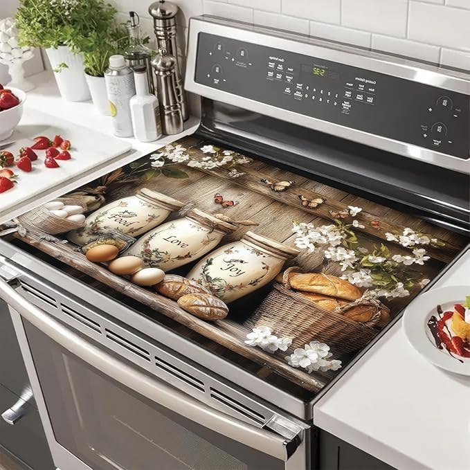 Stove Top Cover for Electric 28x20 Inch Diatomite Stovetop Covers with Food Love Joy Canister Art Heat Resistant Kitchen Stove Top Cover Coffee Mat Protector for Sink or Dishes