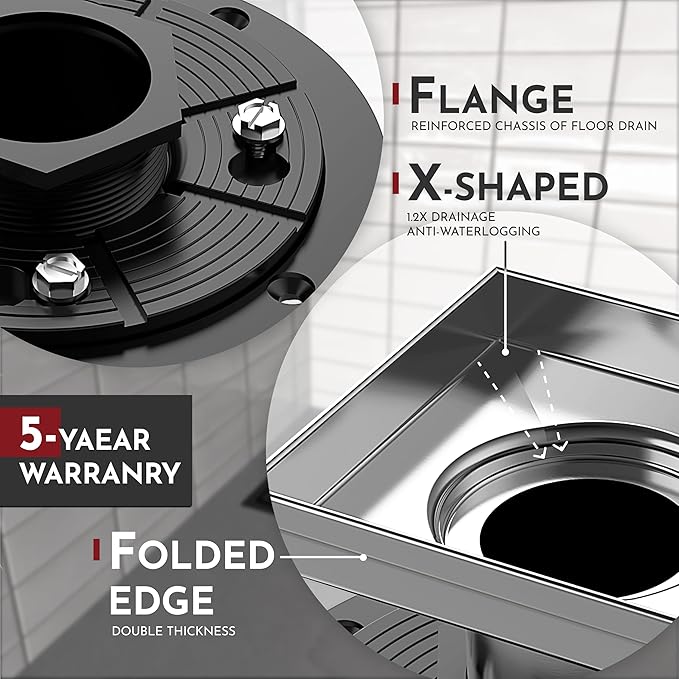 WEBANG 4 Inch Square Shower Drain Brushed Floor Drain with Flange Wave-Hole Pattern Cover Grate Removable SUS304 Stainless Steel Watermark&CUPC Certified Brushed