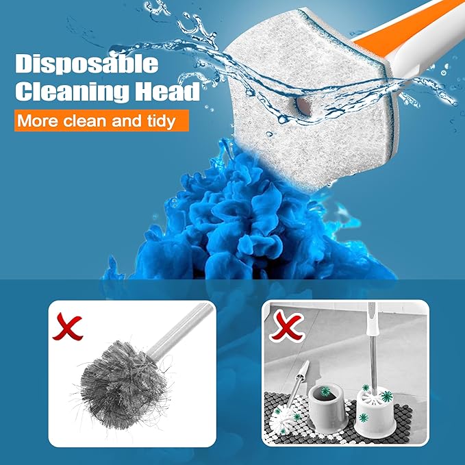 JEHONN Disposable Toilet Bowl Cleaner Wand with 40 Cleaner Refills, Wall Mounted Long Handle Compact Bathroom Scrub Brush Holder Set for Sink Bathtub Wash Basin Mop Pool (Orange)