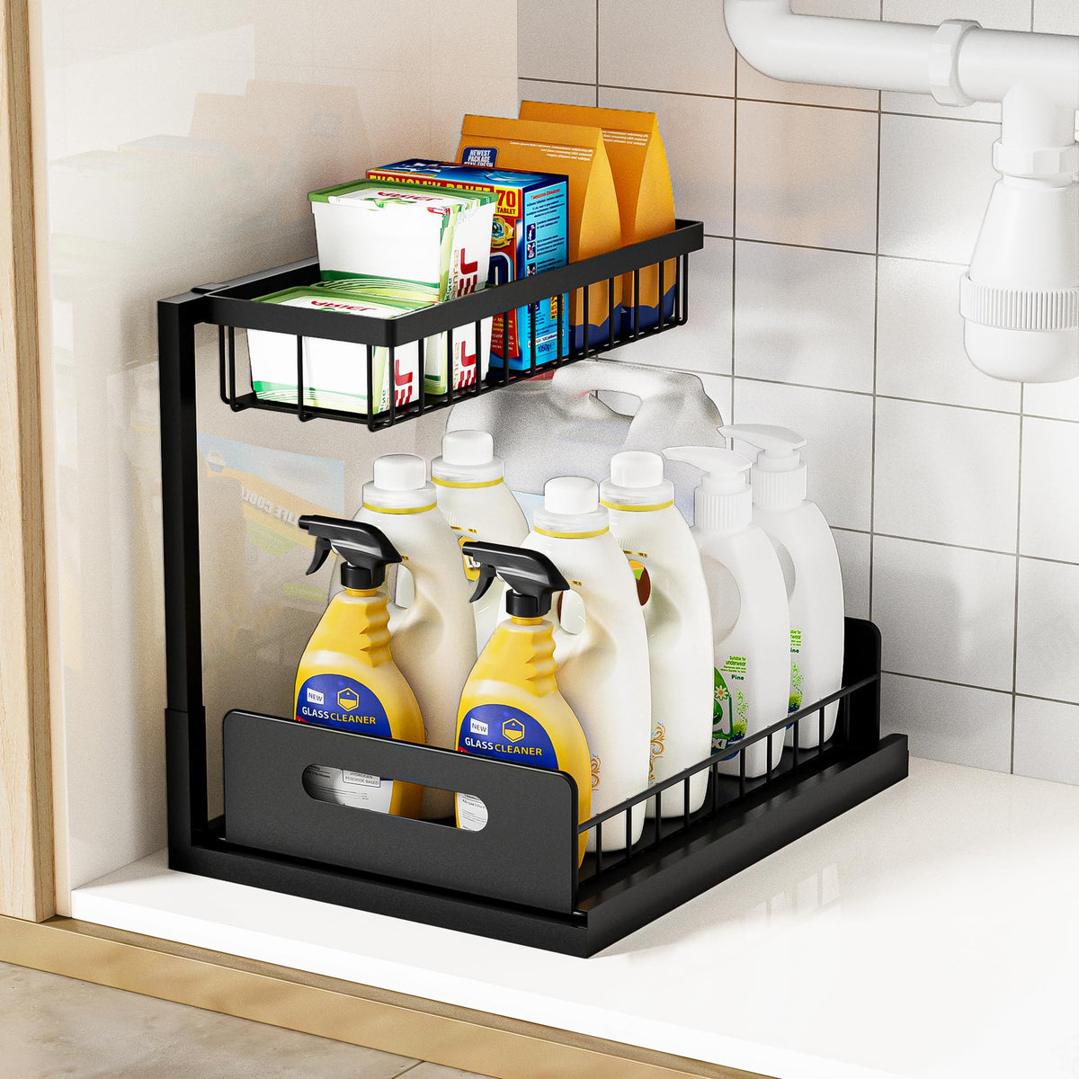 Under Kitchen Sink Organizer 2 Tier, Pull Out Bathroom Sink - Image 1