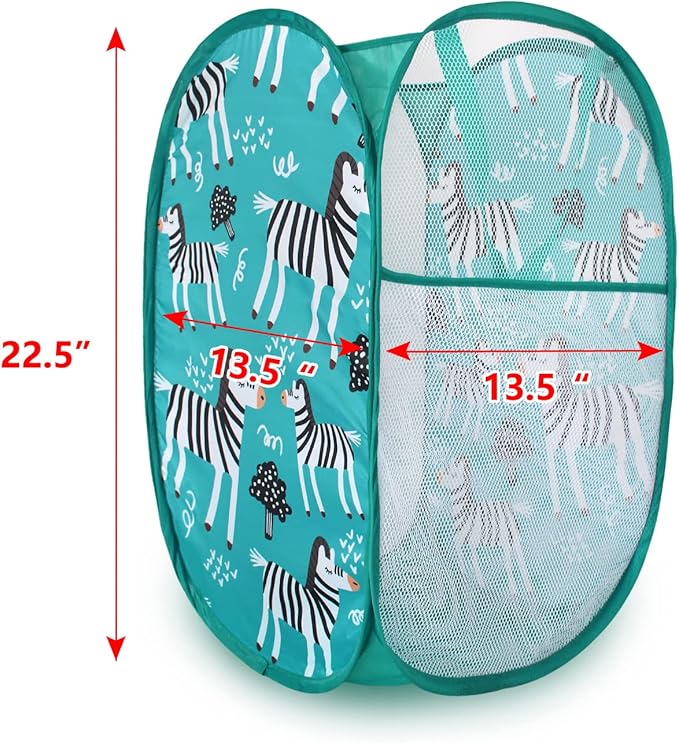 Cute Foldable Pop Up Hamper - Mesh Laundry Basket Durable Handles Toys Tidy Clothes Socks Storage Bag (Blue Elephant)