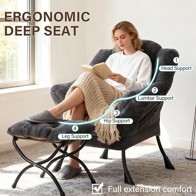 Welnow Lazy Chair with Ottoman, Modern Lounge Accent Chair with Armrests and a Side Pocket, Leisure Sofa Armchair, Reading Armchair with Footrest for Small Space, Plush Navy