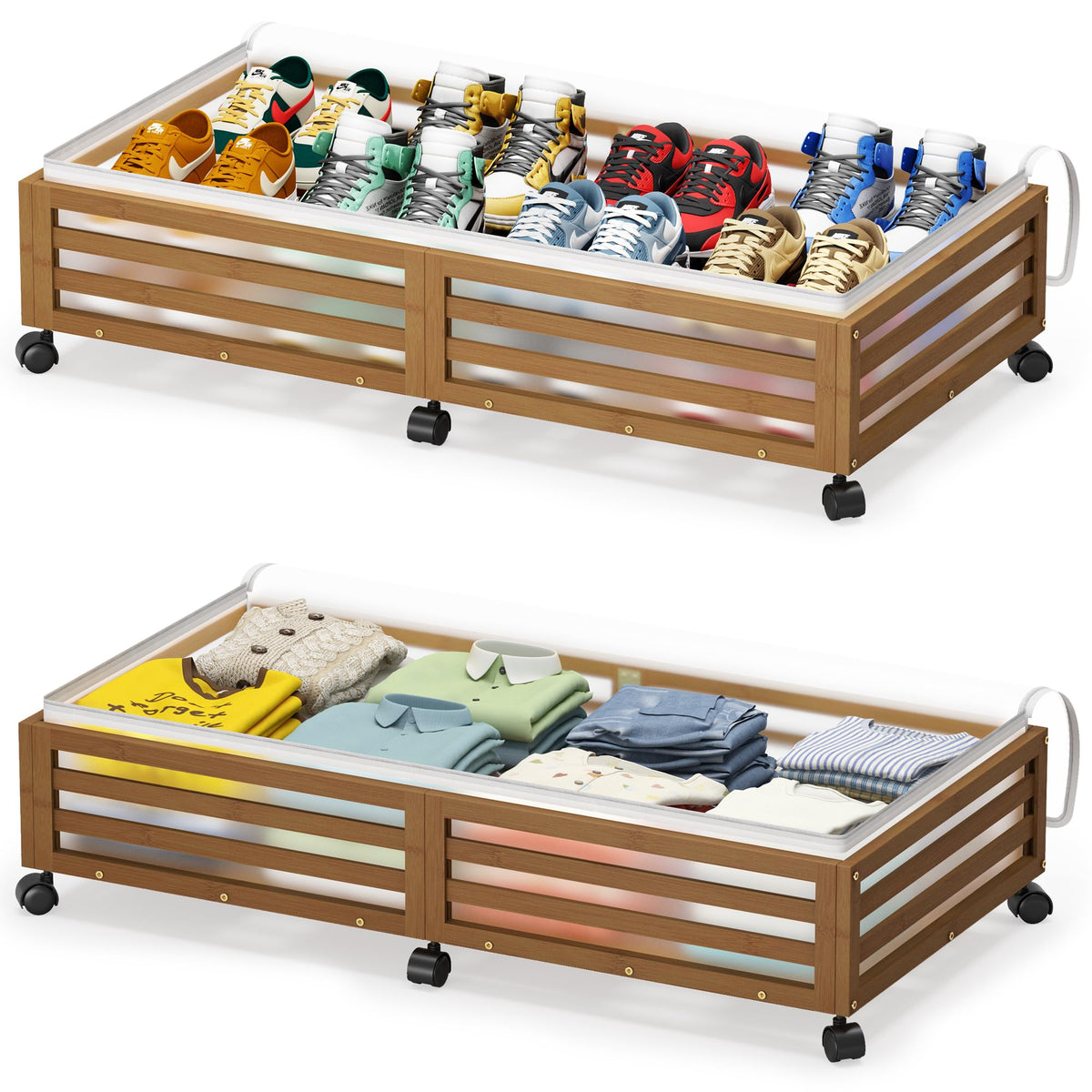 Under Bed Storage with Wheels, 2 Pack Bamboo Drawers for Shoes - Image 1