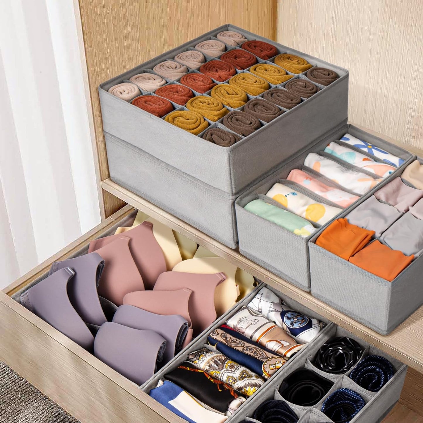16 Pack Sock & Underwear Drawer Organizer — 96 Cells Foldable Fabric Dresser Divider Bins for Nursery, Baby Clothes & Bedroom Storage