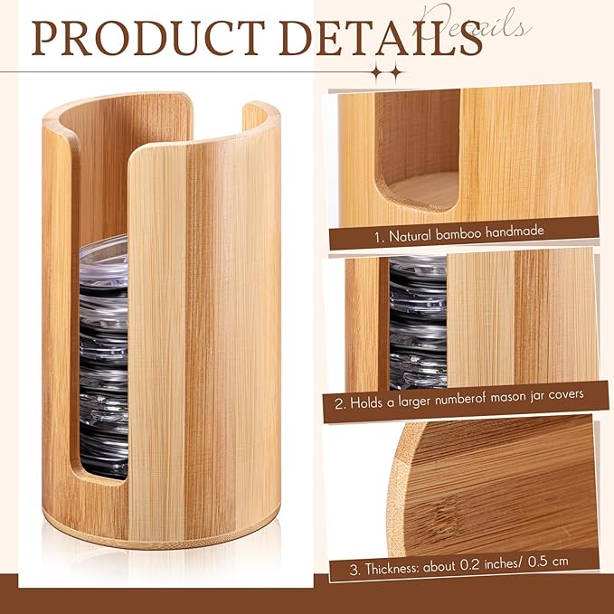 Suclain 2 Pcs Mason Jar Lid Organizer Bamboo Vertical Mason Jar Lid Storage Accessories Tumbler Lids Holder Cup Lids Organizer for Home Kitchen Countertop Cupboard(Only for Wide Mouth)