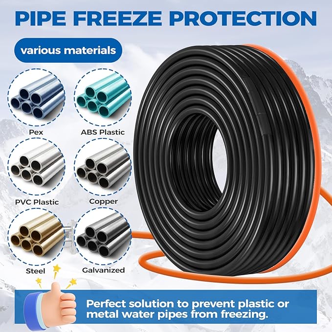 155FT（3FT-200FT） Pipe Heating Cable for Pipe Freeze Protection, Heat Cable for Water Pipes(Metal and Plastic), Pipe Heat Tape Keeps Water Flowing at -40°F 5w/ft, 120V Plumbing fixture