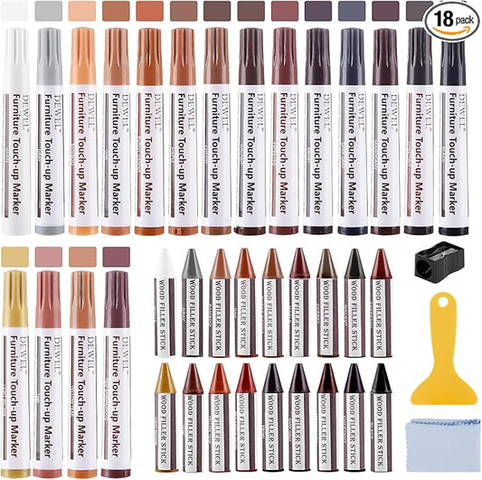 DEWEL Wood Markers Furniture Repair, 18 Colors Furniture Markers Touch Up and Wood Filler Sticks, Wood Scratch Repair Kit for Laminate Floor, Cabinet, Wooden Door, Wood Finish Stain