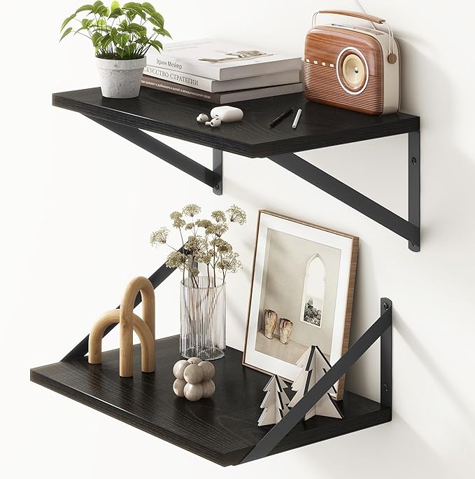 Fun Memories 10 Inch Deep Floating Shelves, Black Floating Shelf 16 Inch Long, 16" W x 10" D Wall Shelves Set of 2, Deep Shelves for Books, Wide Floating Shelves for Bahtoom, Living Room, Kitchen