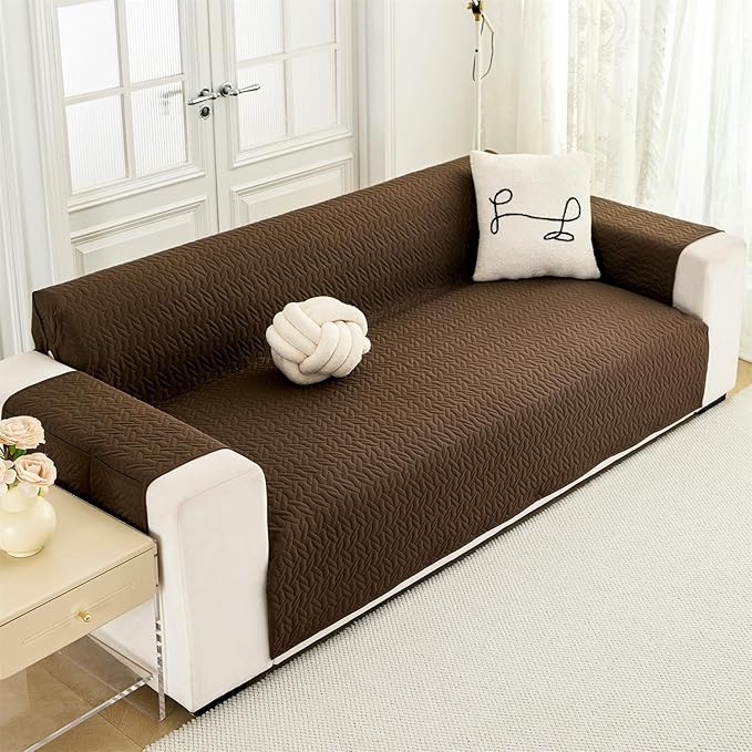Cmfshape Skidproof Sofa Cover-Geometrical Couch Slipcover with Elastic Straps-Easy Fit Slip Cover-Washable Furniture Protector for Pets and Kids(Sofa66,Coffee)