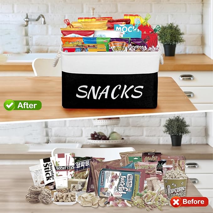 Snack Organizer for Pantry, Decorative Snack Basket with 10pcs Chip Clips, Snack Organizer for Desktop, Collapsible Snack Storage Basket Pantry Shelf, Office, Kitchen and More (Black, Medium-2 Pack)