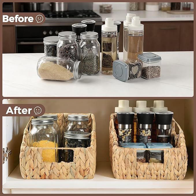 2-Pack Wicker Basket Set - Water Hyacinth Pantry Organizers and Storage w/Handles, For Home, Bedroom, Kitchen, & More - 100% Earth Friendly Woven Rattan, Simple Open Shape Decorative Baskets