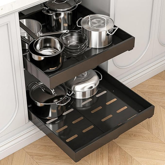 2 Pack Expandable Pull Out Cabinet Organizer, 21" Deep Expandable (12.6" - 20.5") 3 Heavy Duty Slide Drawers Pull Out Drawers for Kitchen Storage Cabinet (Black)