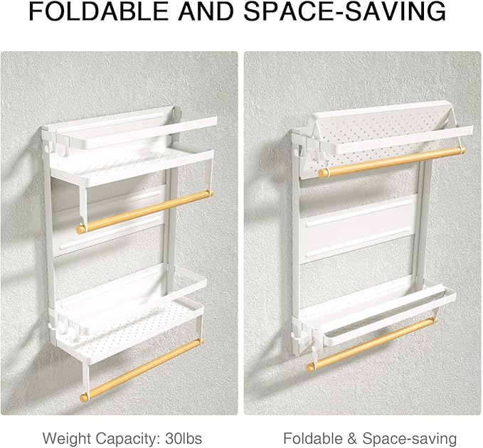 Paper Towel Holder with Shelf, 2-in-1 Magnetic Paper Towel Holder Shelf with Removable Hooks, Heavy Duty Paper Towel Organizer for Tool Shed, Garage, Workbench, Kitchen, Craft Room, Laundry Room,White