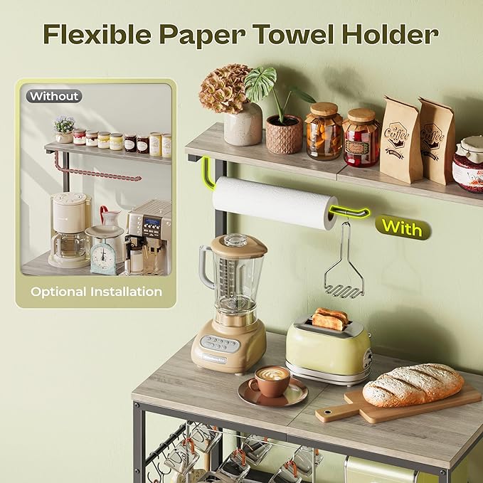Huuger 4-Tier Bakers Rack with Reversible Power Outlet, 23.6 Inch Microwave Stand with Paper Towel Holder, Kitchen Bar, Larger Storage with Top Shelf, 6 S Hooks, Greige